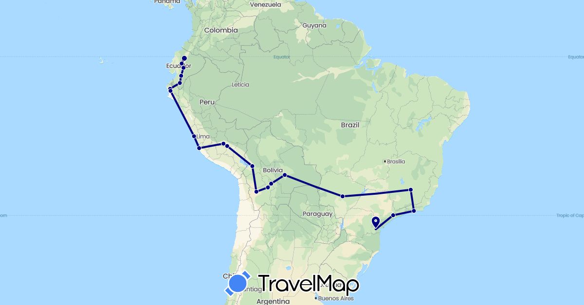 TravelMap itinerary: driving in Bolivia, Brazil, Ecuador, Peru (South America)